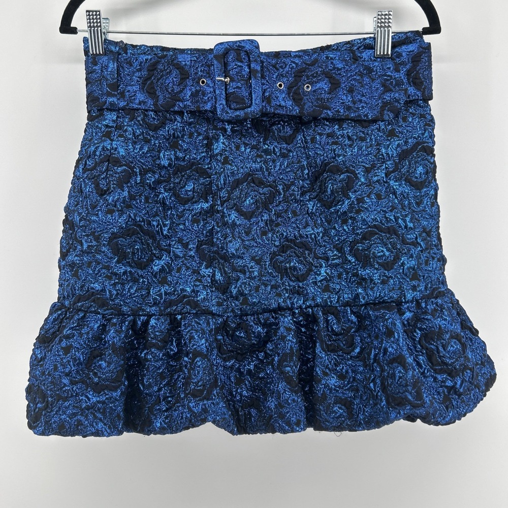 Zara Blue Black Texture Jacquard Bubble Hem Belted Mini Skirt Sz L Holiday Flirt